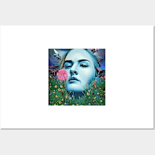 Digital portrait of young  Woman with  flowers and butterflies Posters and Art